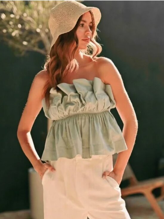 Miou Muse | Strapless Ruffle Top Peplum Tube Top White Size M - Picture 2 of 11